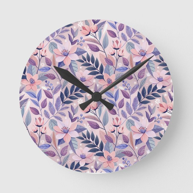 Relógio Redondo Ilustração bonito Floral Retroativa Lilac (Frente)