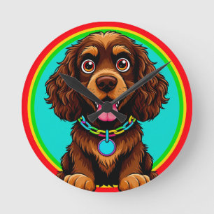 Relógio Redondo Ilustração Colorida de Cachorro Feliz Sentado