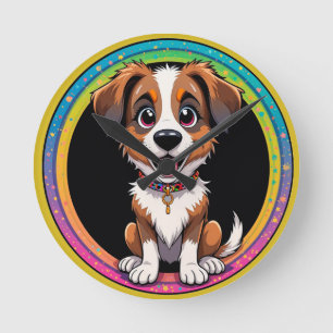 Relógio Redondo Ilustração Colorida de Desenho Animado de Cachorro