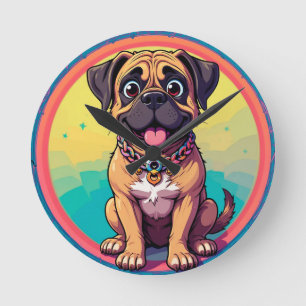 Relógio Redondo Ilustração Colorida de Pug Alegre em Cartoon