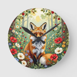 Relógio Redondo Ilustração da Flor Silvestre da Raposa na Floresta