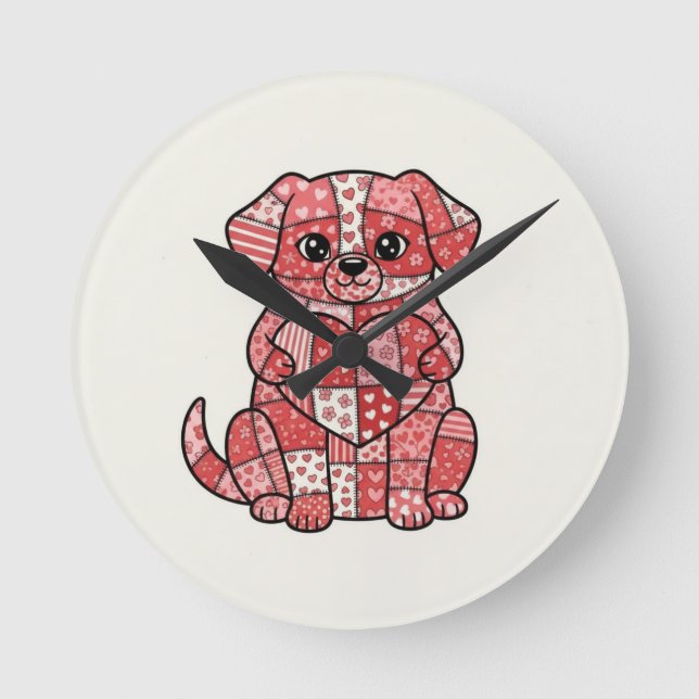 Relógio Redondo Ilustração de Cachorro Fofinho de Patchwork com Co (Frente)