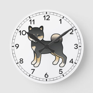 Relógio Redondo Ilustração De Cão De Cartoon Shiba Inu Preto E Tan