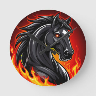 Relógio Redondo Ilustração de Cavalo Preto Ardente com Olhos Brilh