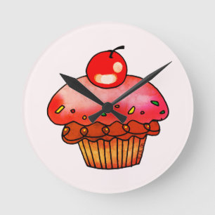 Relógio Redondo Ilustração de Cupcake de Cereja Rosa Fofa Arte de