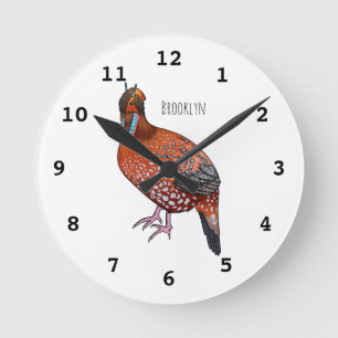 Relógio Redondo Ilustração de desenho animado de aves tragopan de 