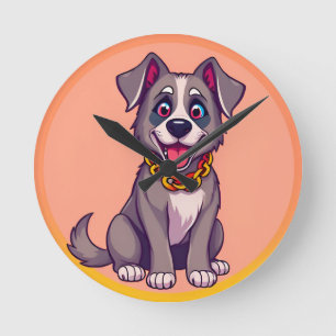 Relógio Redondo Ilustração de Desenho Animado de Cachorro Feliz