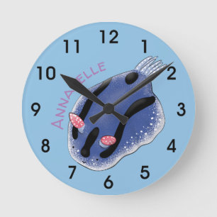 Relógio Redondo Ilustração de desenho animado de nudibranch azul