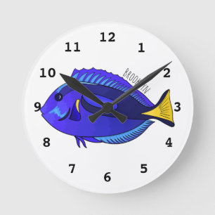 Relógio Redondo Ilustração de desenho animado de peixe marrom azul
