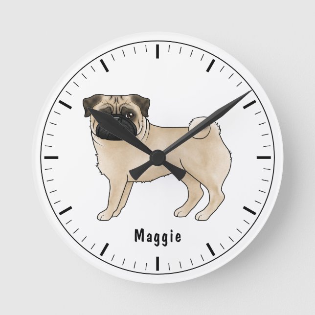 Relógio Redondo Ilustração de desenho animado de Pug corça com nom (Frente)