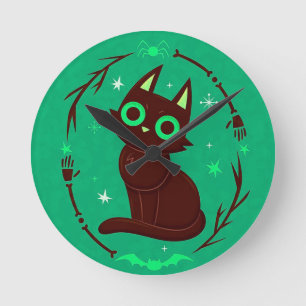 Relógio Redondo Ilustração de Desenho Animado de um Gato Preto de 