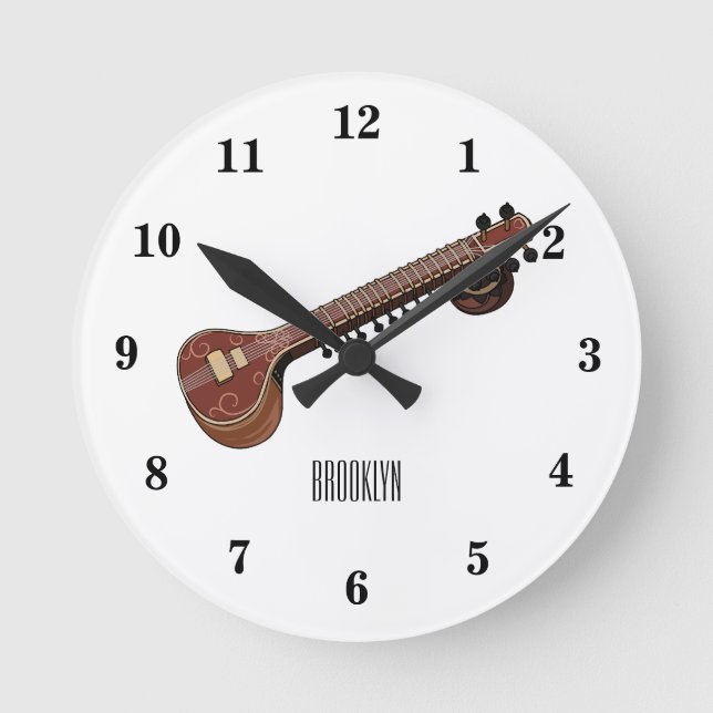 Relógio Redondo Ilustração de desenho animado de violão (Frente)