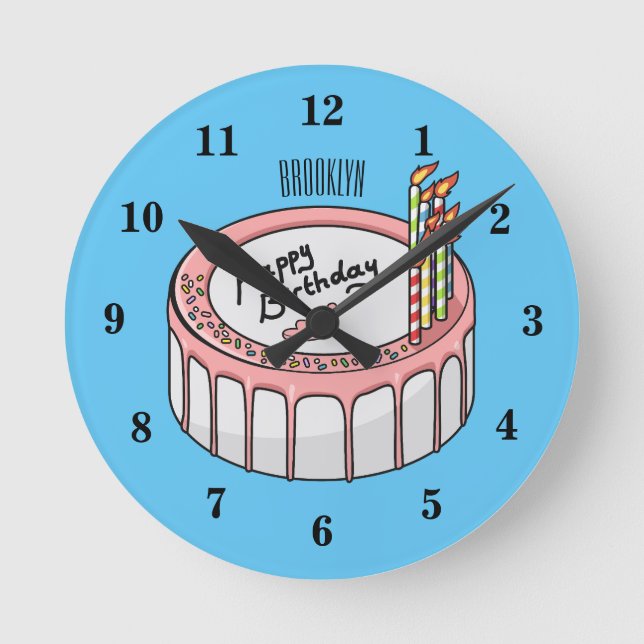 Relógio Redondo Ilustração de desenho de bolo de aniversário (Frente)