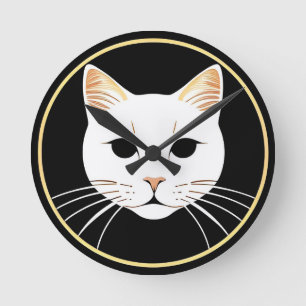 Relógio Redondo Ilustração de Gato Branco Elegante