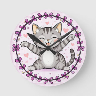 Relógio Redondo Ilustração de Gato de Desenho Animado Feliz