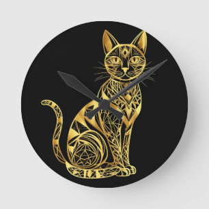 Relógio Redondo Ilustração de Gato Geométrico Elegante em Tons Dou