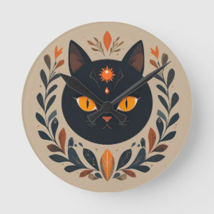 Relógio Redondo Ilustração de Gato Preto com Olhos Vibrantes