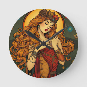 Relógio Redondo Ilustração de Mulher Floral Art Nouveau
