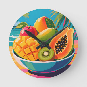 Relógio Redondo Ilustração de Tigela de Frutas Tropicais