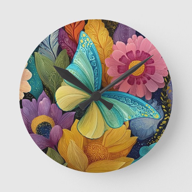 Relógio Redondo Ilustração Detalhada de Flores e Borboletas (Frente)