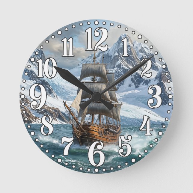Relógio Redondo Ilustração digital de navio à vela no oceano (Frente)