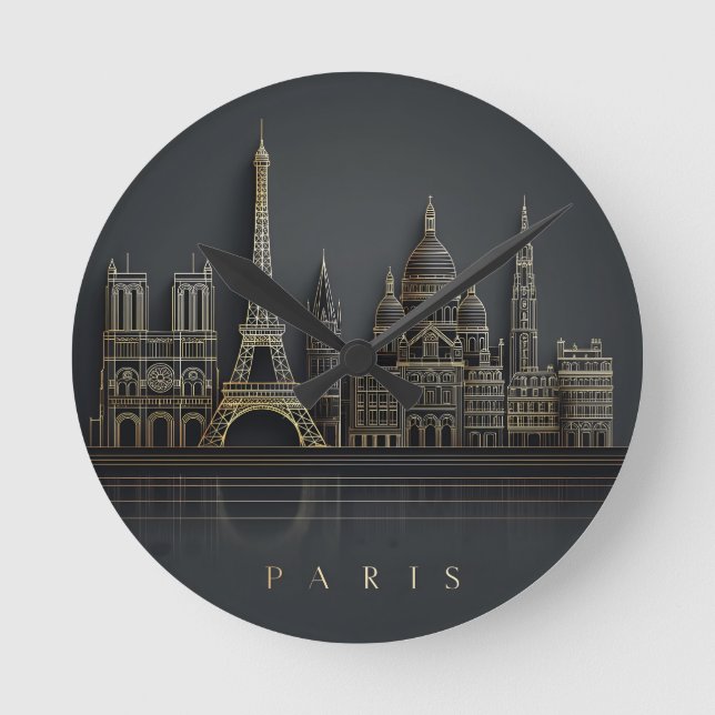 Relógio Redondo Ilustração Elegante da Cidade de Paris com Céu Dou (Frente)
