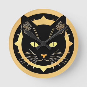 Relógio Redondo Ilustração Estilizada de Gato Preto