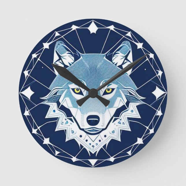 Relógio Redondo Ilustração Geométrica de um Lobo (Frente)