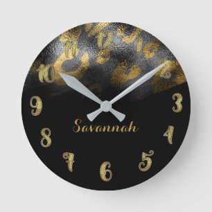 Relógio Redondo Impressão lustroso chique preto & Dourado da chit