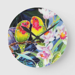 Relógio Redondo Impressão Tropical de Aves e Orquídeas com Amor