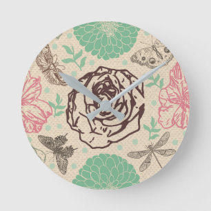 Relógio Redondo intage Floral & Butterfly   Natureza inspirada em 