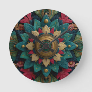 Relógio Redondo Intrincado Mandala Floral Texturizado em Azul Turq