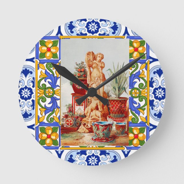 Relógio Redondo Italiano,Arte Siciliana,maióica,azulejos,arte barr (Frente)