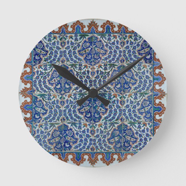 Relógio Redondo Iznik Floral Étnica Tribal Turca Potéria Mosaica T (Frente)