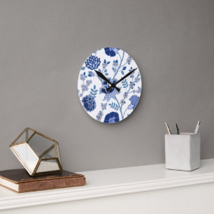 Relógio Redondo Jacobean Floral Lg Pattern Blue em Branco