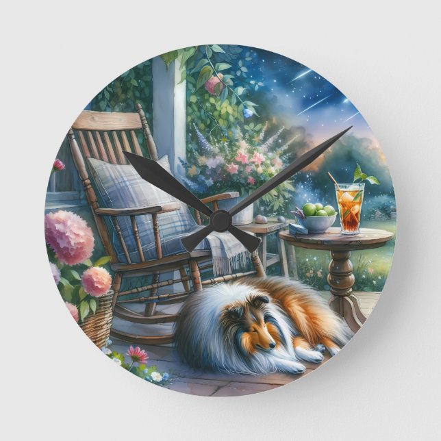Relógio Redondo Jardim Estrelado Varanda Sheltie Sonho (Frente)