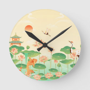 Relógio Redondo Jardim Japonês Lago de Koi e Nenúfares Arte