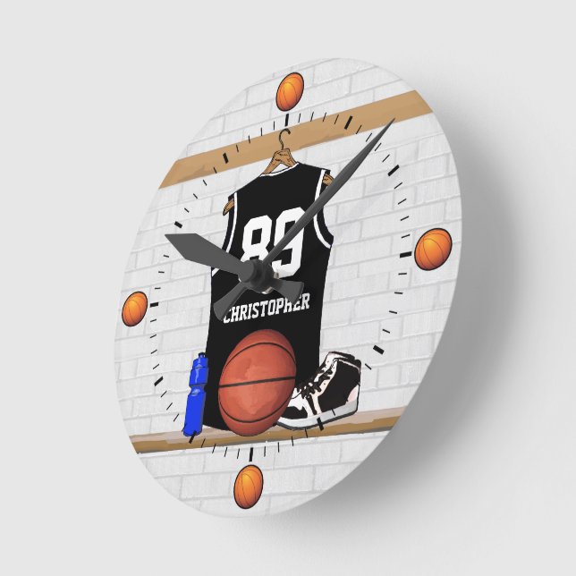 Relógio Redondo Jérsei preto e branco personalizado do basquetebol (Ângulo)