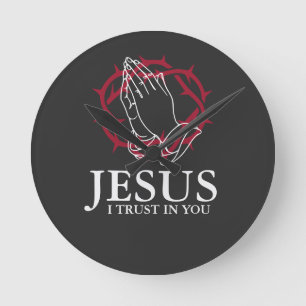 Relógio Redondo Jesus Eu Confio Em Ti Mãos em Oração Coroa de Espi
