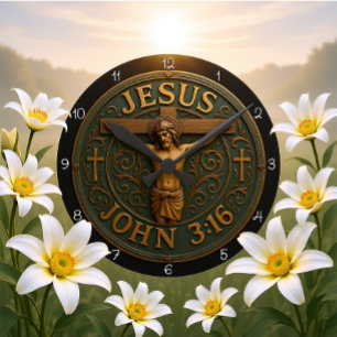 Relógio Redondo Jesus João 3:16 Cruz Metálica