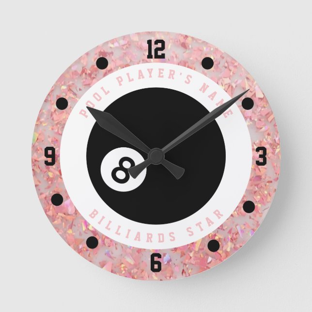 Relógio Redondo Jogadora de Bilhar Personalizada com Glitter Rosa (Frente)