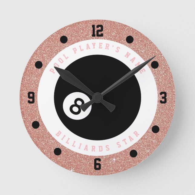 Relógio Redondo Jogadora de Sinuca Personalizada com Brilho Rosa (Frente)