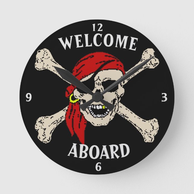 Relógio Redondo Jolly Roger Pirate Skull Bones Red Bandanna (Frente)