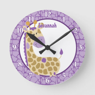 Relógio Redondo Jungle Giraffe Wall Clock (Roxo) Adicionar um Nome