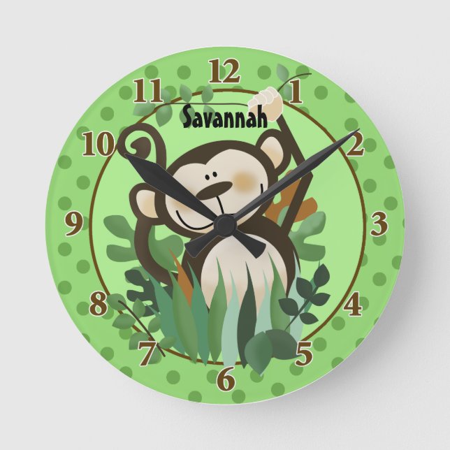 Relógio Redondo Jungle Monkey Wall Clock (Verde) Adicionar um Nome (Frente)