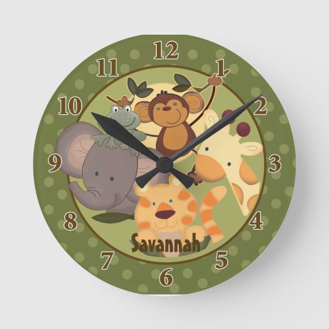 Relógio Redondo Jungle Safari Wall Clock Adicionar um Nome (Frente)