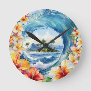 Relógio Redondo Kai Aloha Hibiscus Watercolor Wave Reversível