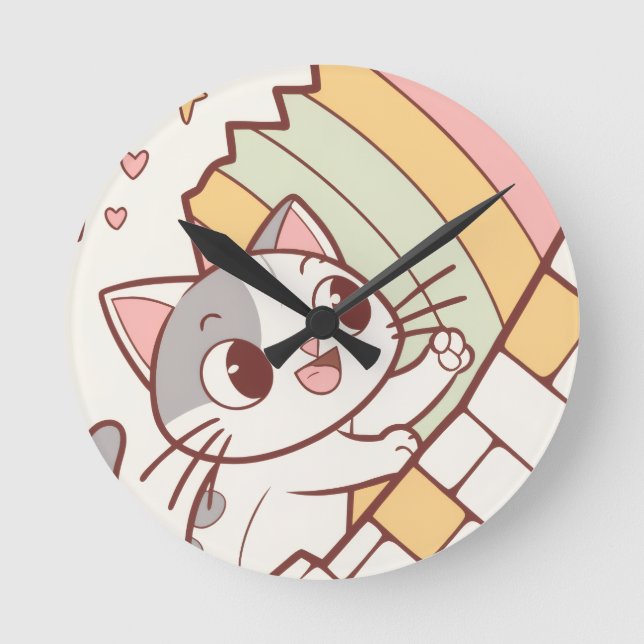 Relógio Redondo Kawaii Cat Bursting Wall clock cute  (Frente)