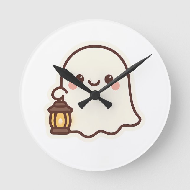 Relógio Redondo Kawaii Fantasma com Lanterna - Design de Espírito  (Frente)