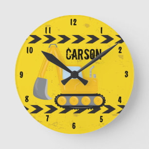 Relógio Redondo Kids Construction Vehicle Custom Yellow Boys Room